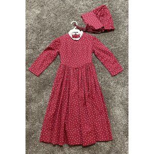 Girls Red Handmade Vintage Prairie Calico Dress Primitive With Bonnet